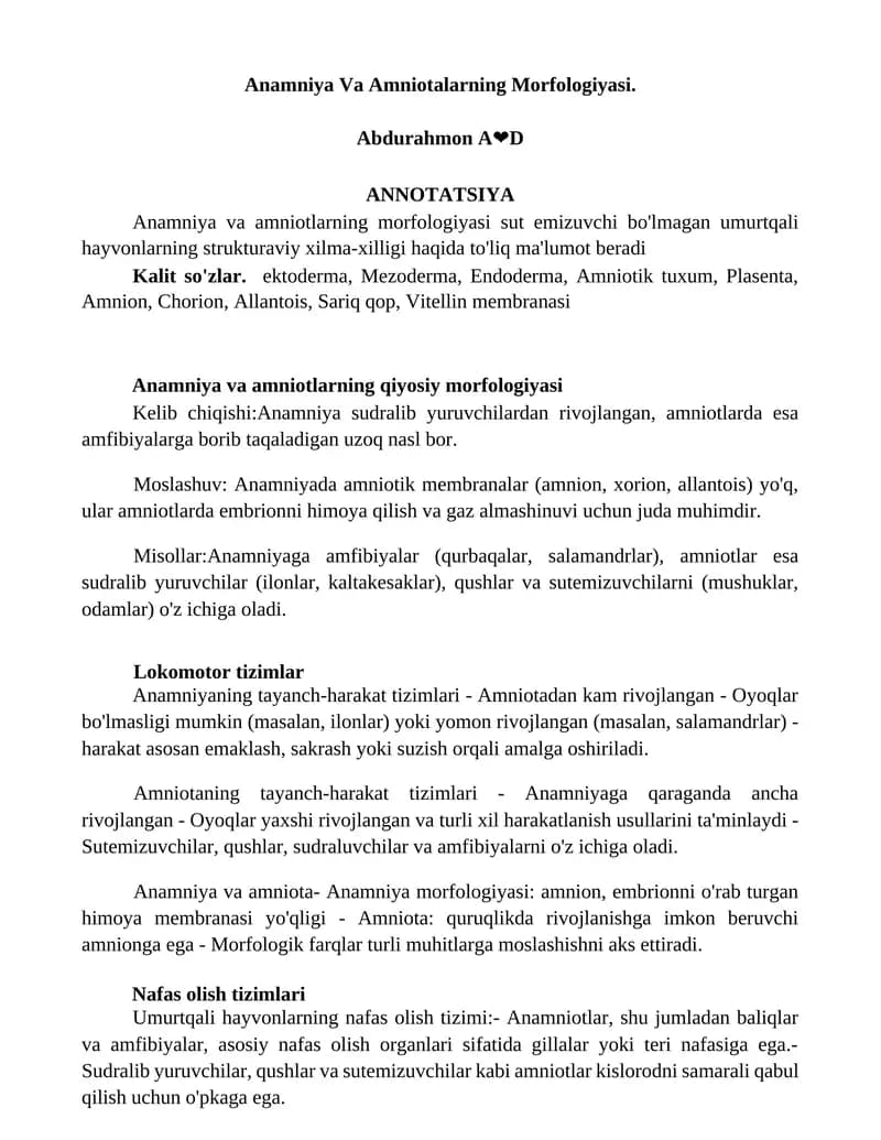 Anamniya Va Amniotalarning Morfologiyasi