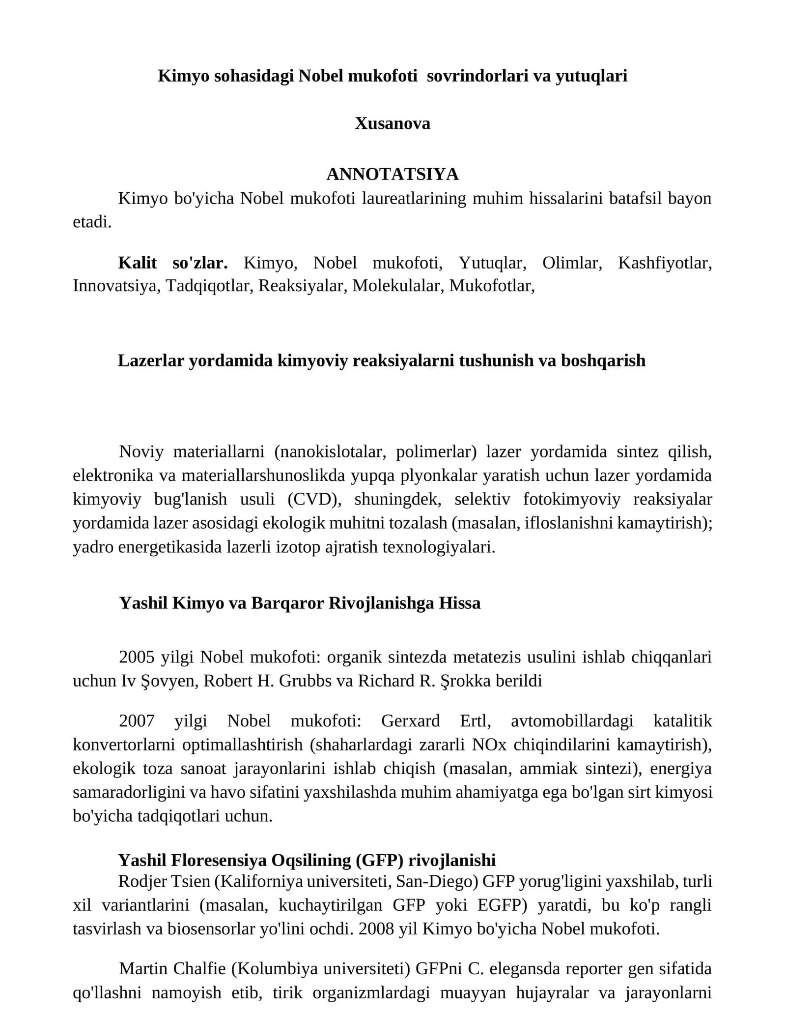Kimyo sohasidagi Nobel mukofoti sovrindorlari va yutuqlari