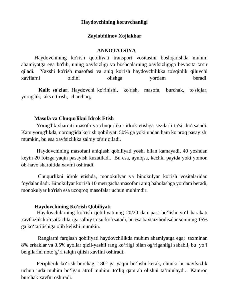 Haydovchining koruvchanligi