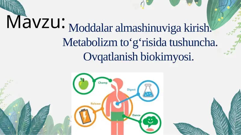 Moddalar almashinuviga kirish. Metabolizm to‘g‘risida tushuncha. Ovqatlanish biokimyosi.