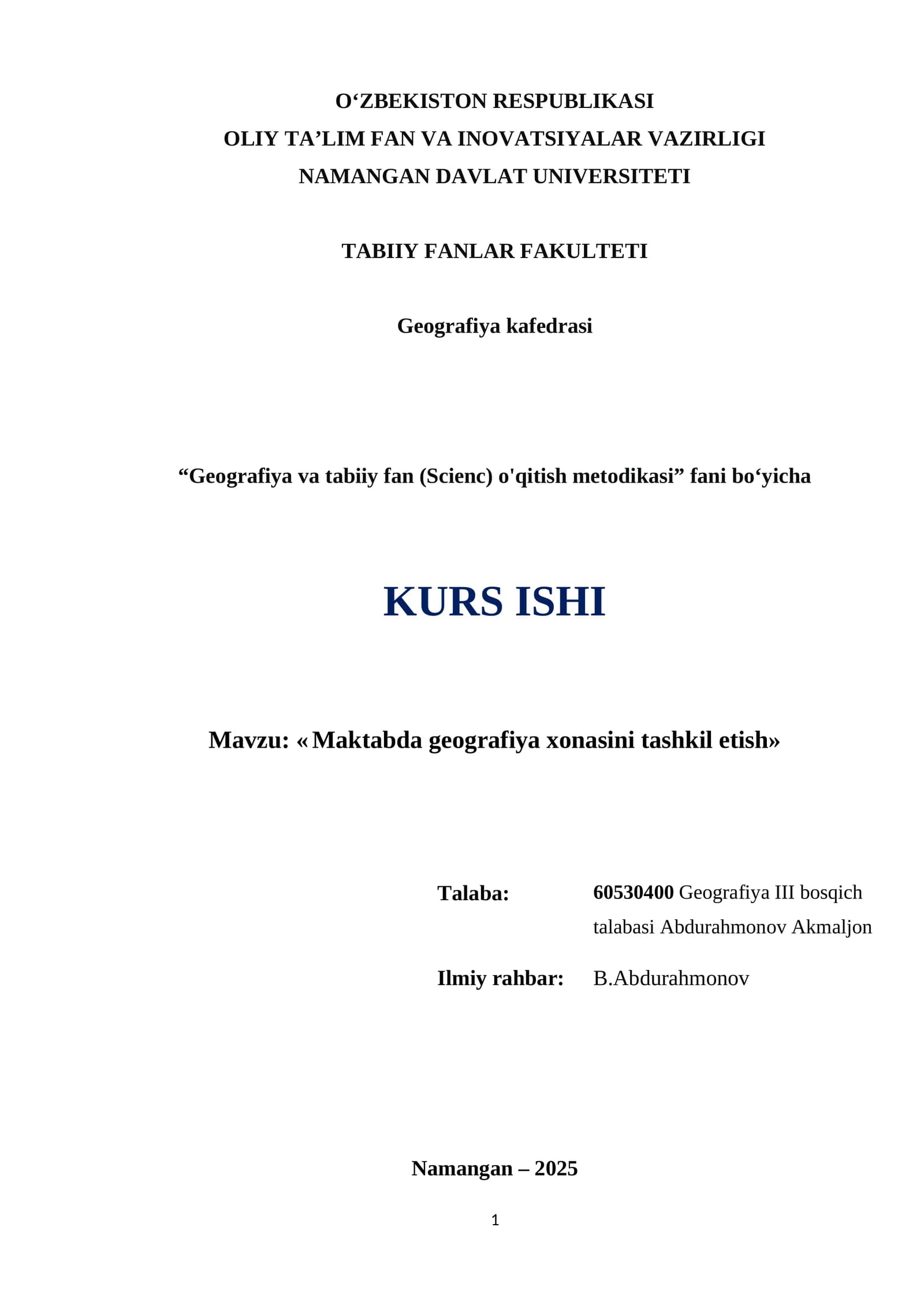 Maktabda geografiya xonasini tashkil etish