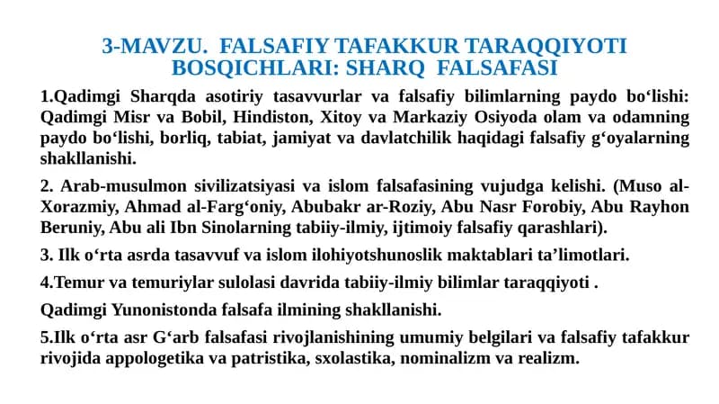 FALSAFIY TAFAKKUR TARAQQIYOTI BOSQICHLARI:SHARQFALSAFASI