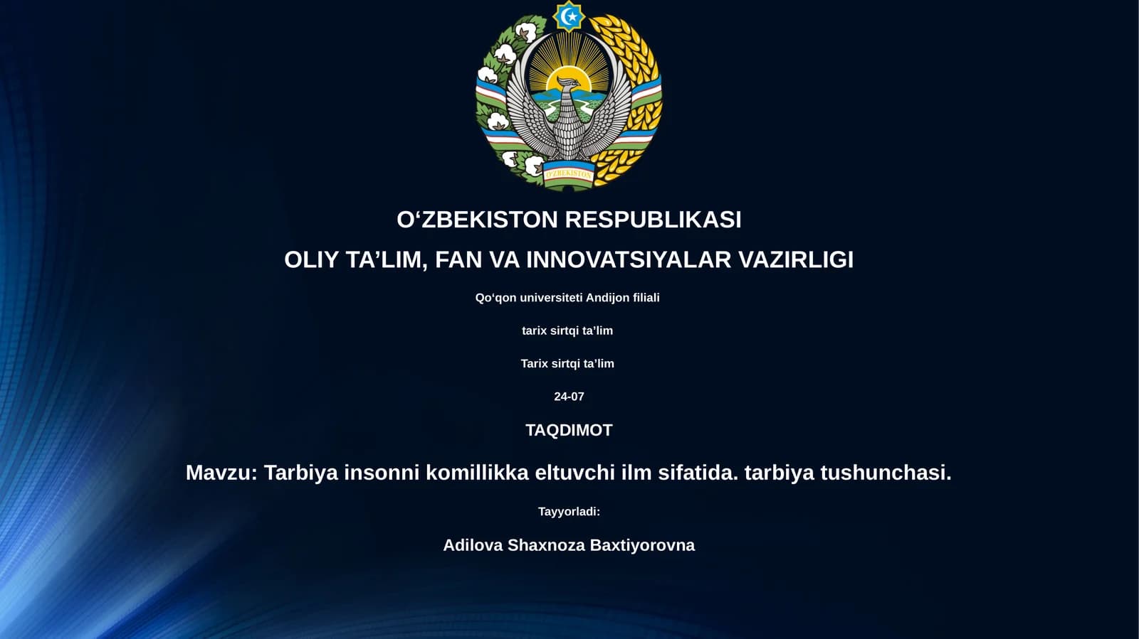 Tarbiya insonni komillikka eltuvchi ilm sifatida. tarbiya tushunchasi