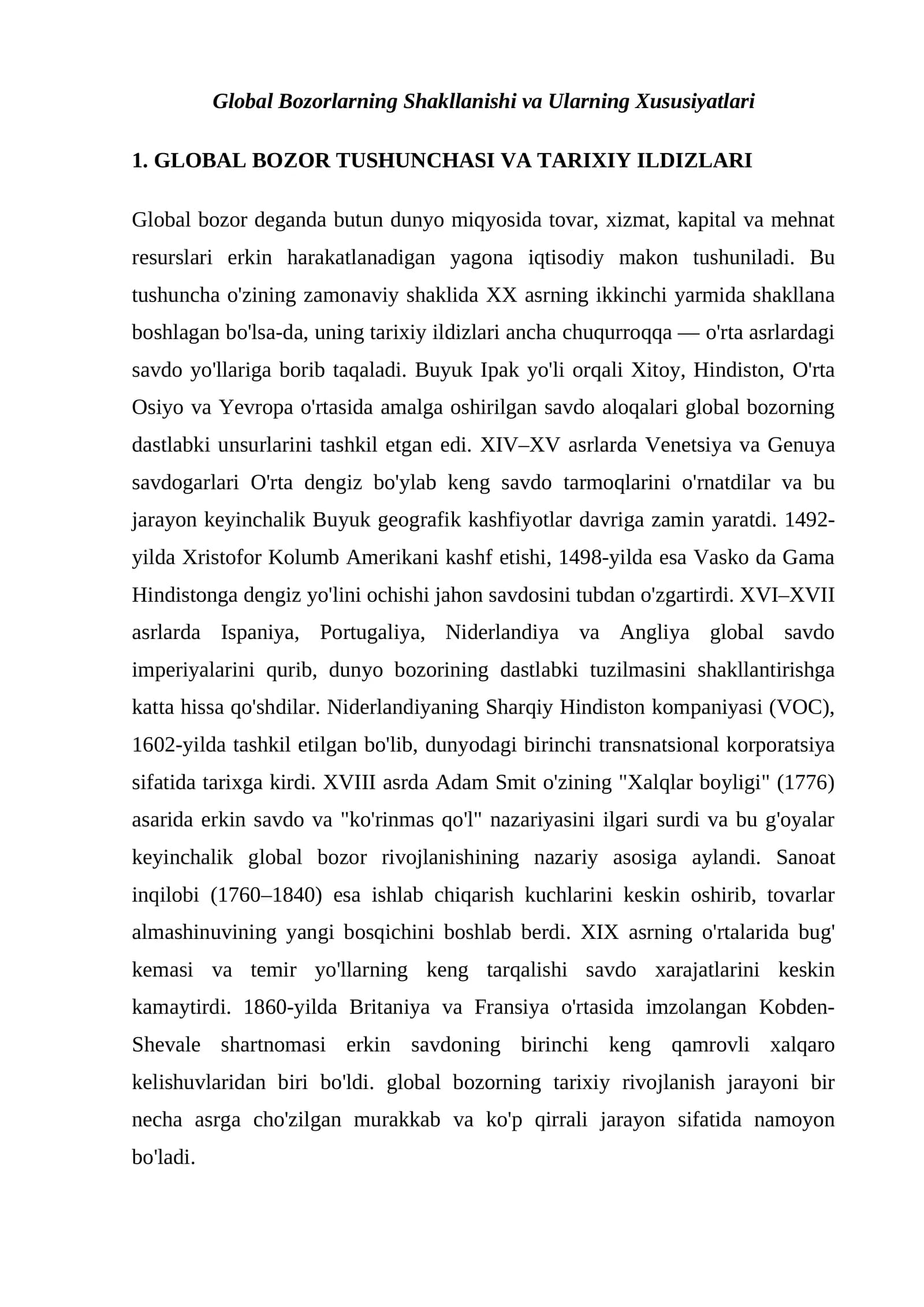 Global Bozorlarning Shakllanishi va Ularning Xususiyatlari  foydalanissh uchun asos