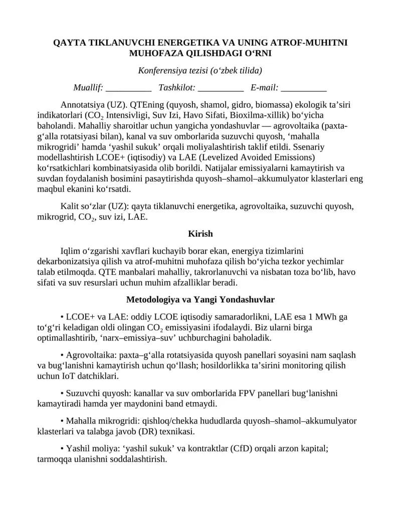 QAYTA TIKLANUVCHI ENERGETIKA VA UNING ATROF-MUHITNI MUHOFAZA QILISHDAGI O‘RNI