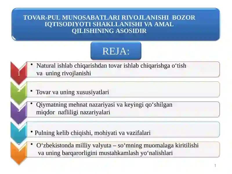 Pul munosabatlari rivojlanishi bozoriqtisodiyoti shakllanishi va amalqilishning asosidir