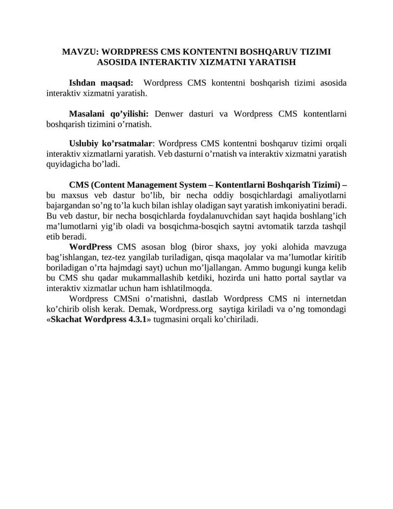 WORDPRESS CMS KONTENTNI BOSHQARUV TIZIMI ASOSIDA INTERAKTIV XIZMATNI YARATISH