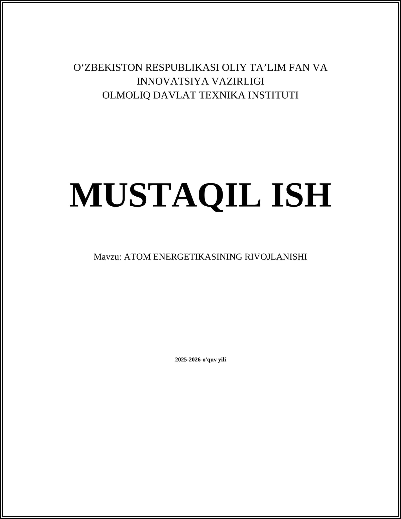 ATOM ENERGETIKASINING RIVOJLANISHI