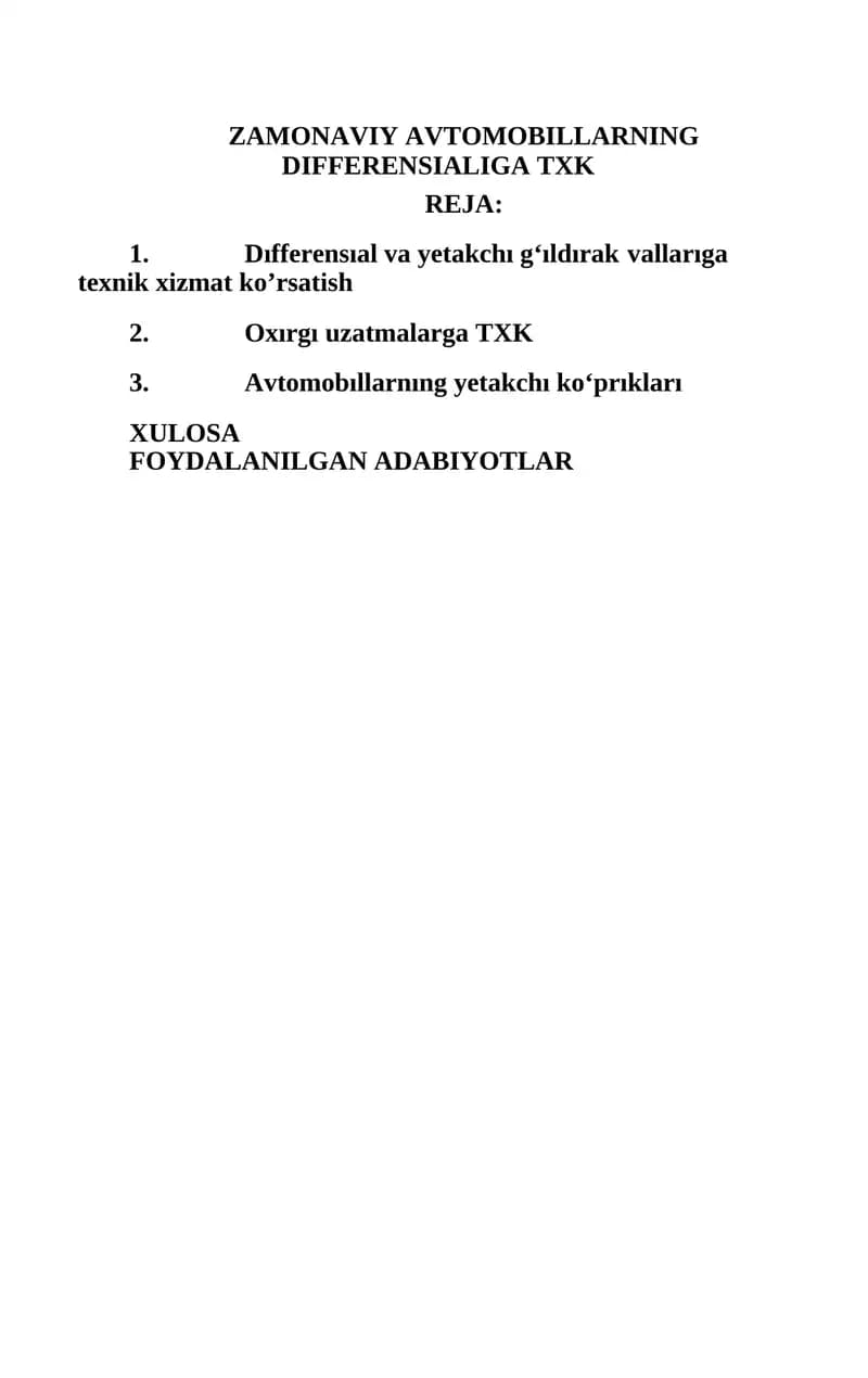 Dıfferensıal va yetakchı g‘ıldırak vallarıga texnik xizmat ko’rsatish