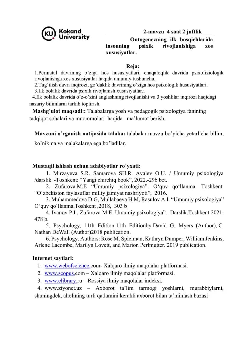 Yosh va Pedagogik Psixologiya fanidan mashg'ulotlar