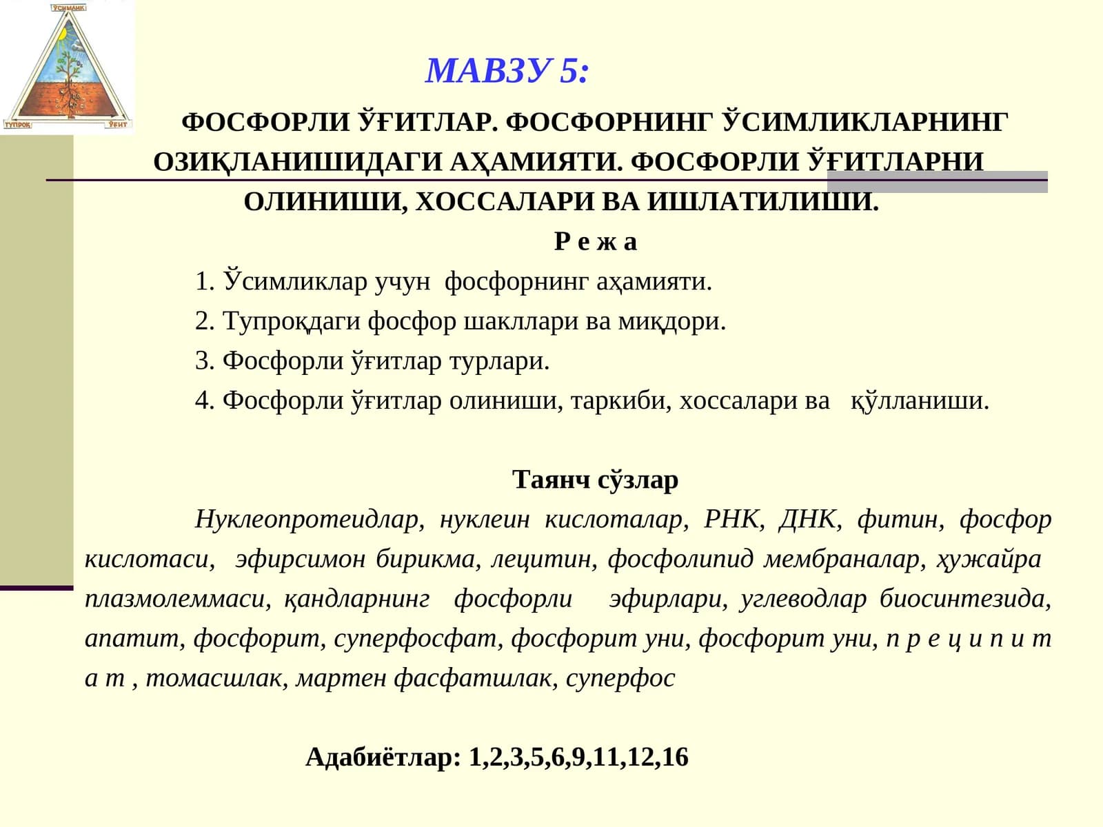 ФОСФОРЛИ ЎҒИТЛАР. ФОСФОРНИНГ ЎСИМЛИКЛАРНИНГ ОЗИҚЛАНИШИДАГИ АҲАМИЯТИ. ФОСФОРЛИ ЎҒИТЛАРНИ ОЛИНИШИ, ХОССАЛАРИ ВА ИШЛАТИЛИШИ