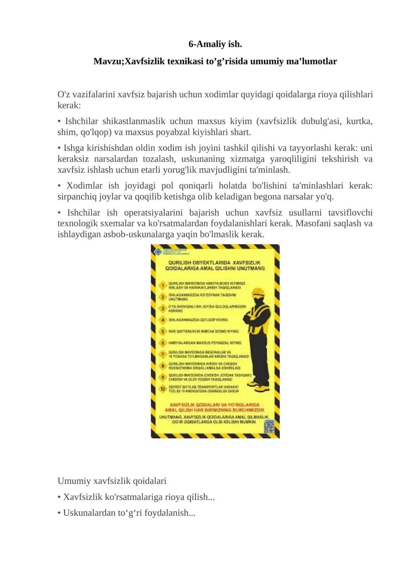 Xavfsizlik texnikasi to’g’risida umumiy ma’lumotlar