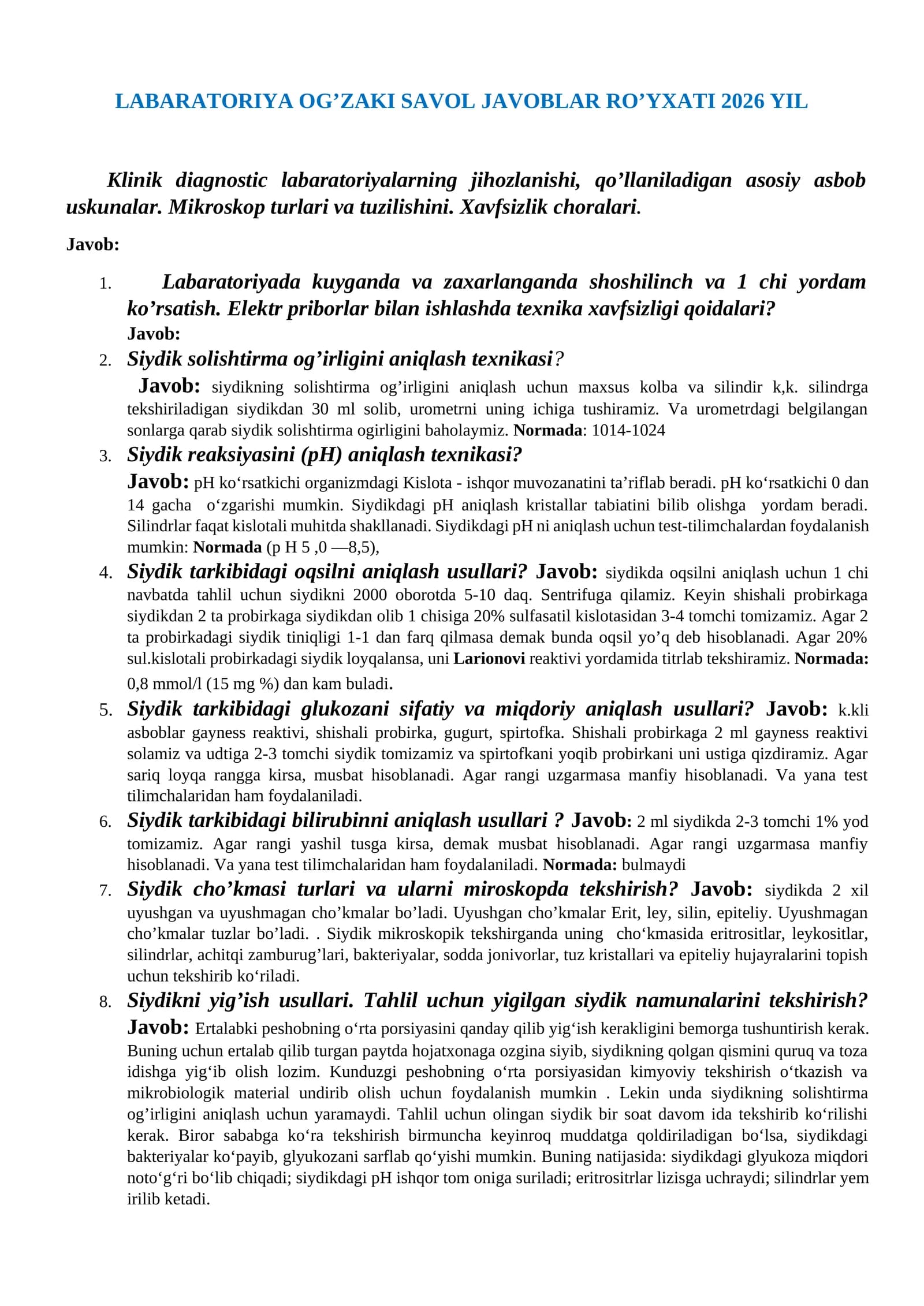 LABARATORIYA OG’ZAKI SAVOL JAVOBLAR RO’YXATI 2026 YIL