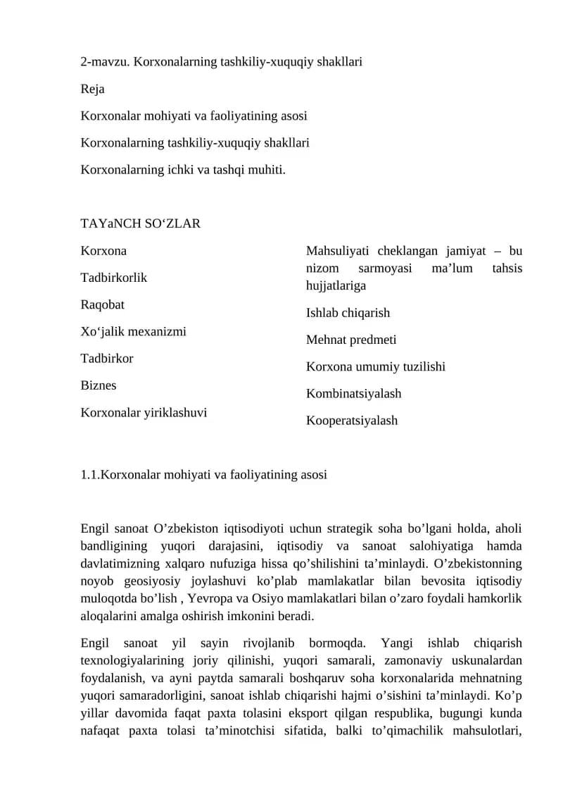 Korxonalarning tashkiliy-xuquqiy shakllari