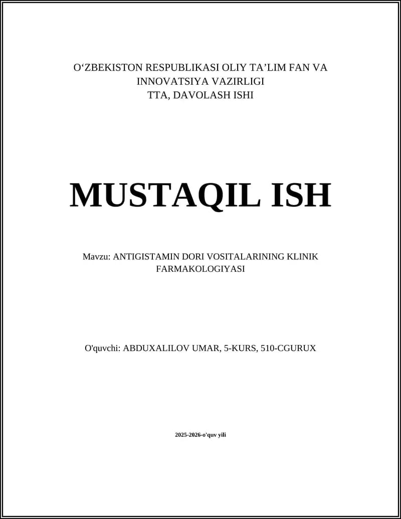 ANTIGISTAMIN DORI VOSITALARINING KLINIK FARMAKOLOGIYASI