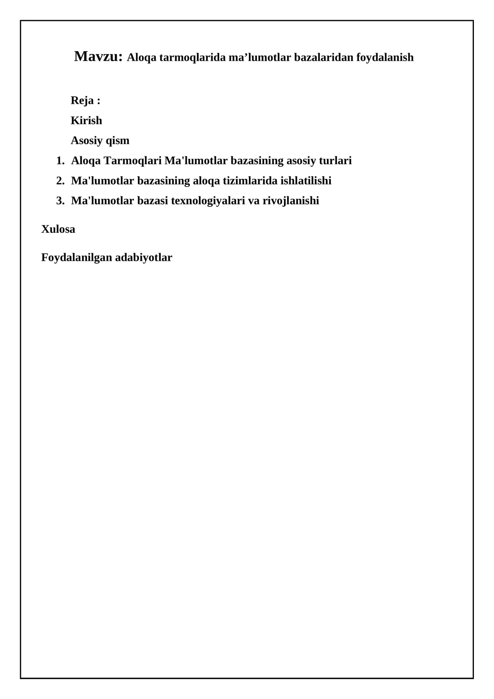 Aloqa tarmoqlarida ma’lumotlar bazalaridan foydalanish