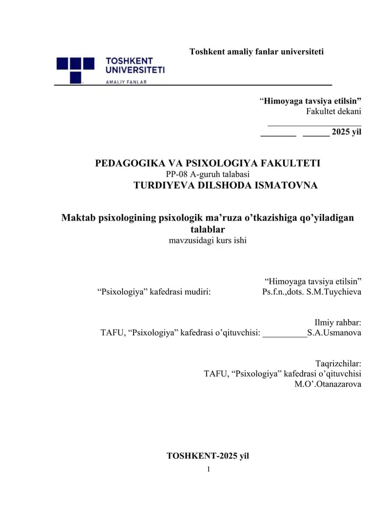 Maktab Psixologiyasi kurs ishi