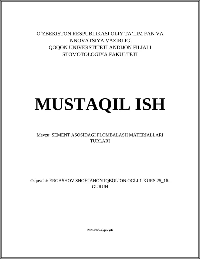 SEMENT ASOSIDAGI PLOMBALASH MATERIALLARI TURLARI
