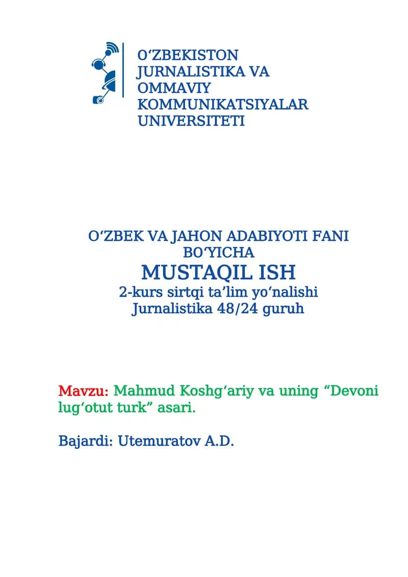Mahmud Koshg‘ariy va uning “Devoni lug‘otut turk” asari