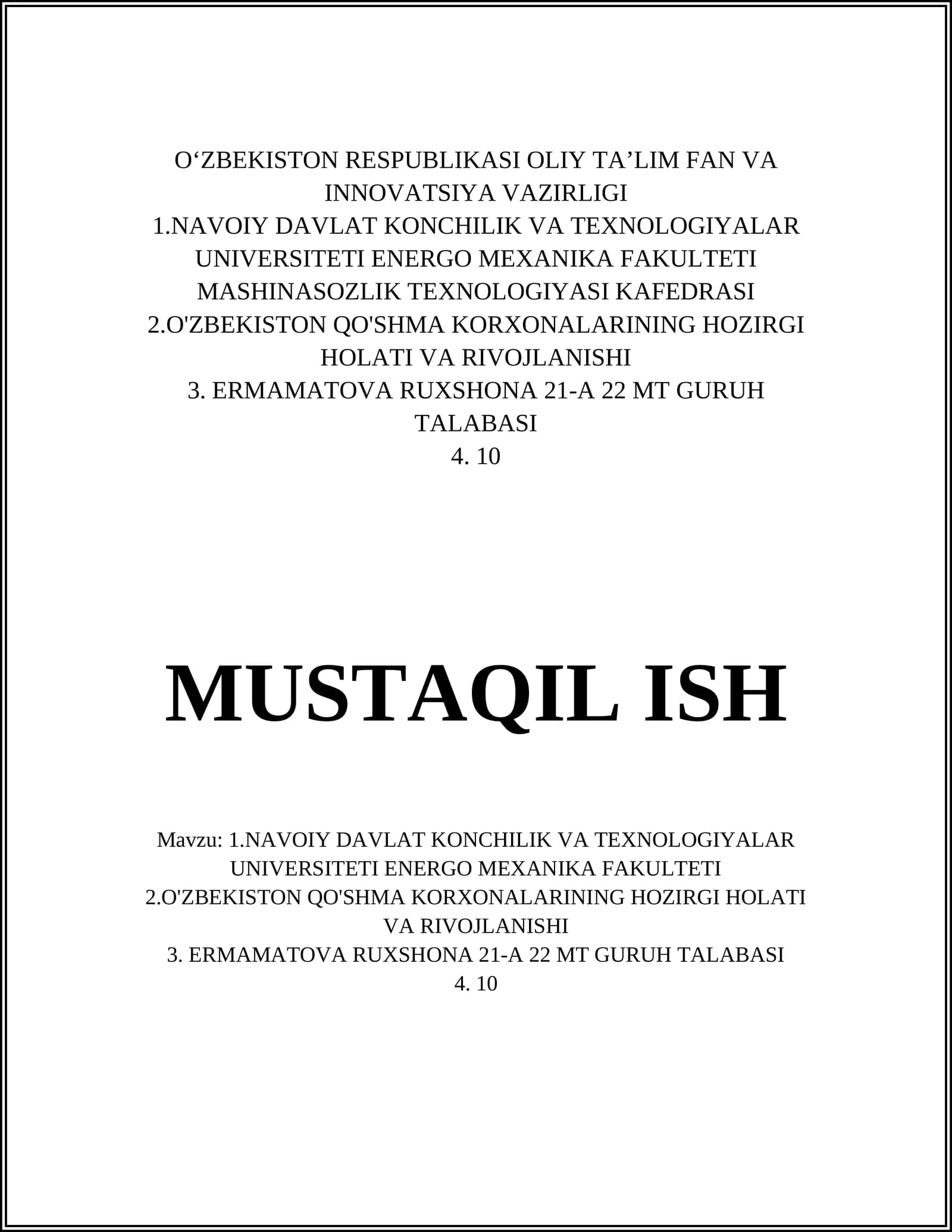 Navoiy Davlat Konchilik va Texnologiyalar Universiteti Energo MEXanika Fakulteti