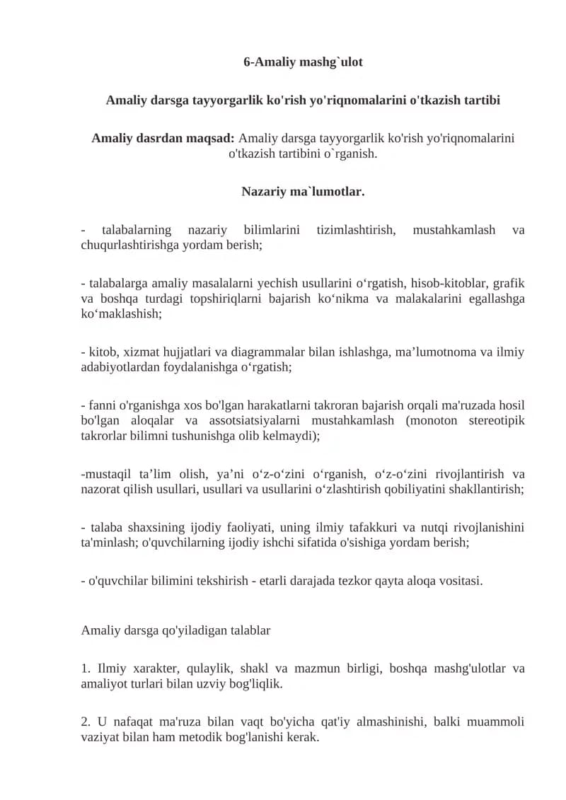 Amaliy darsga tayyorgarlik ko'rish yo'riqnomalarini o'tkazish tartibi