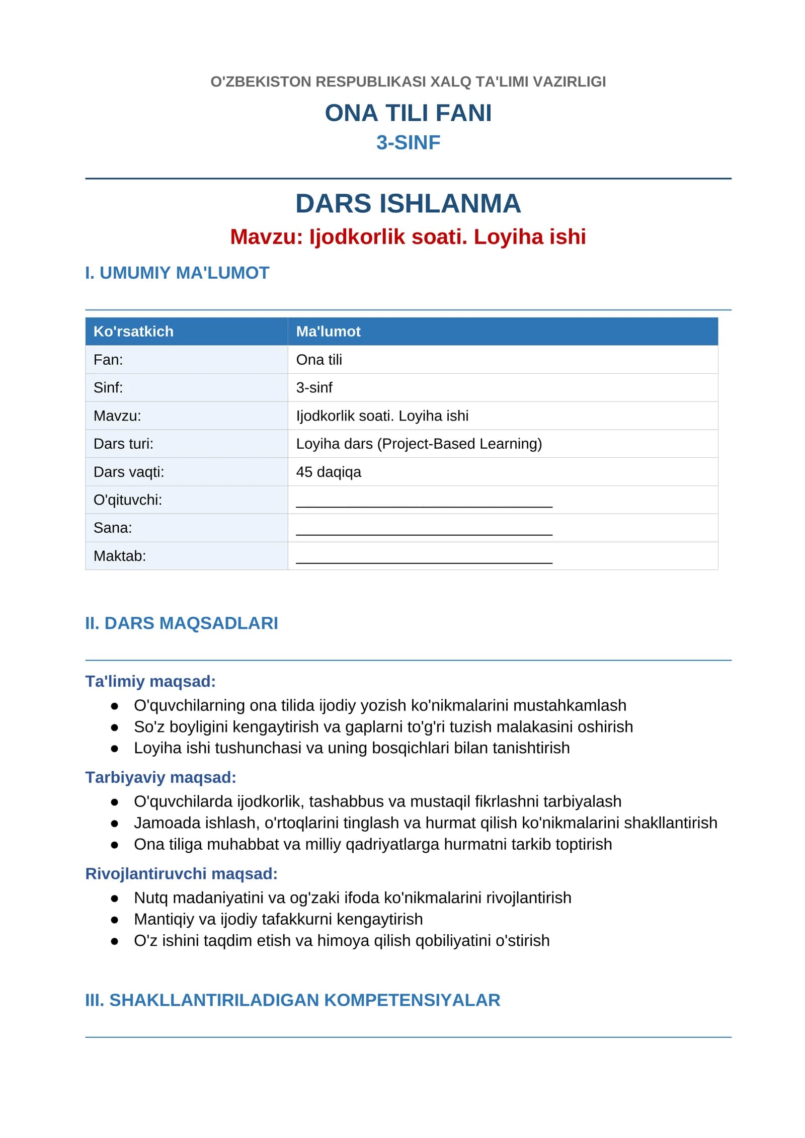 3-Sinflar uchun Ona tili fanidan "Ijodkorlik soati. Loyiha ishi" mavzusida dasr ishlanma