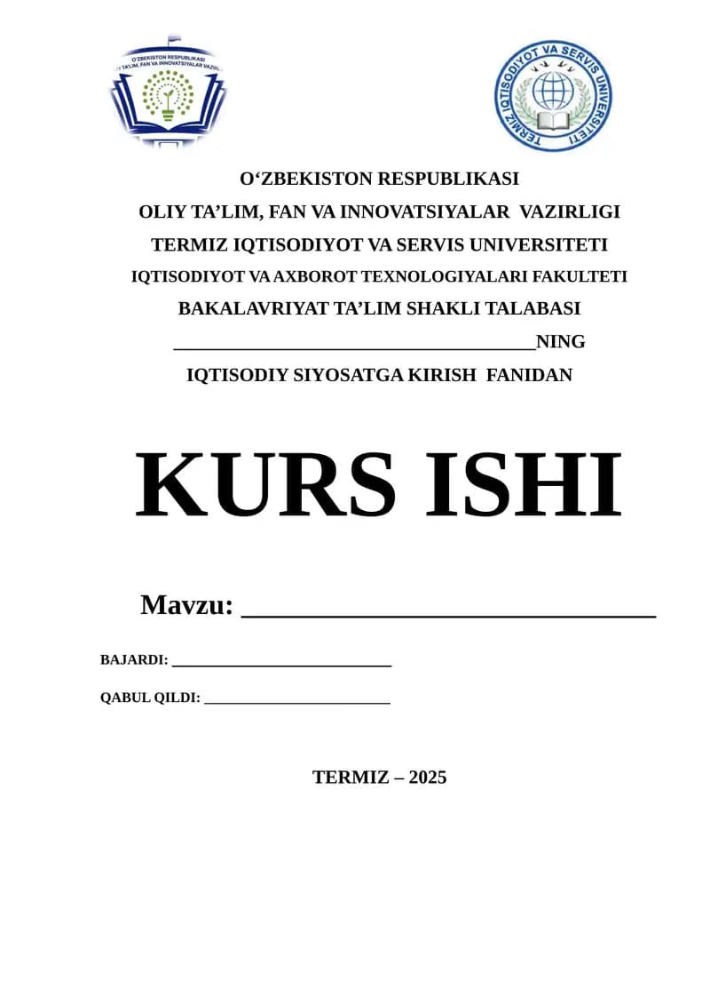 IQTISODIY SIYOSATGA KIRISH FANIDAN KURS ISHI