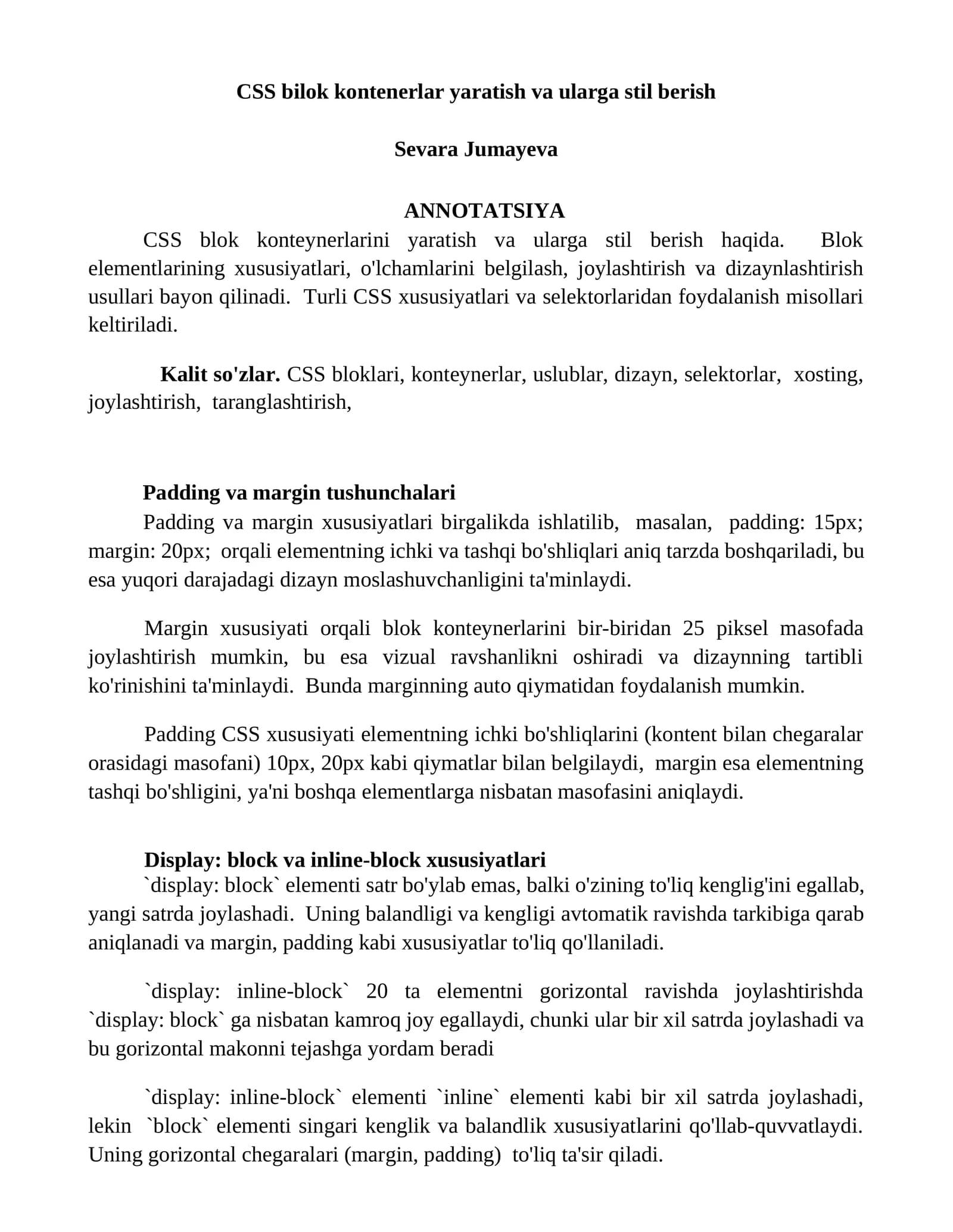 CSS blok konteynerlarini yaratish va ularga stil berish