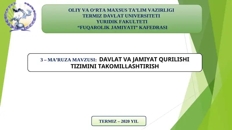 DAVLAT VA JAMIYATQURILISHI TIZIMINI TAKOMILLASHTIRISH