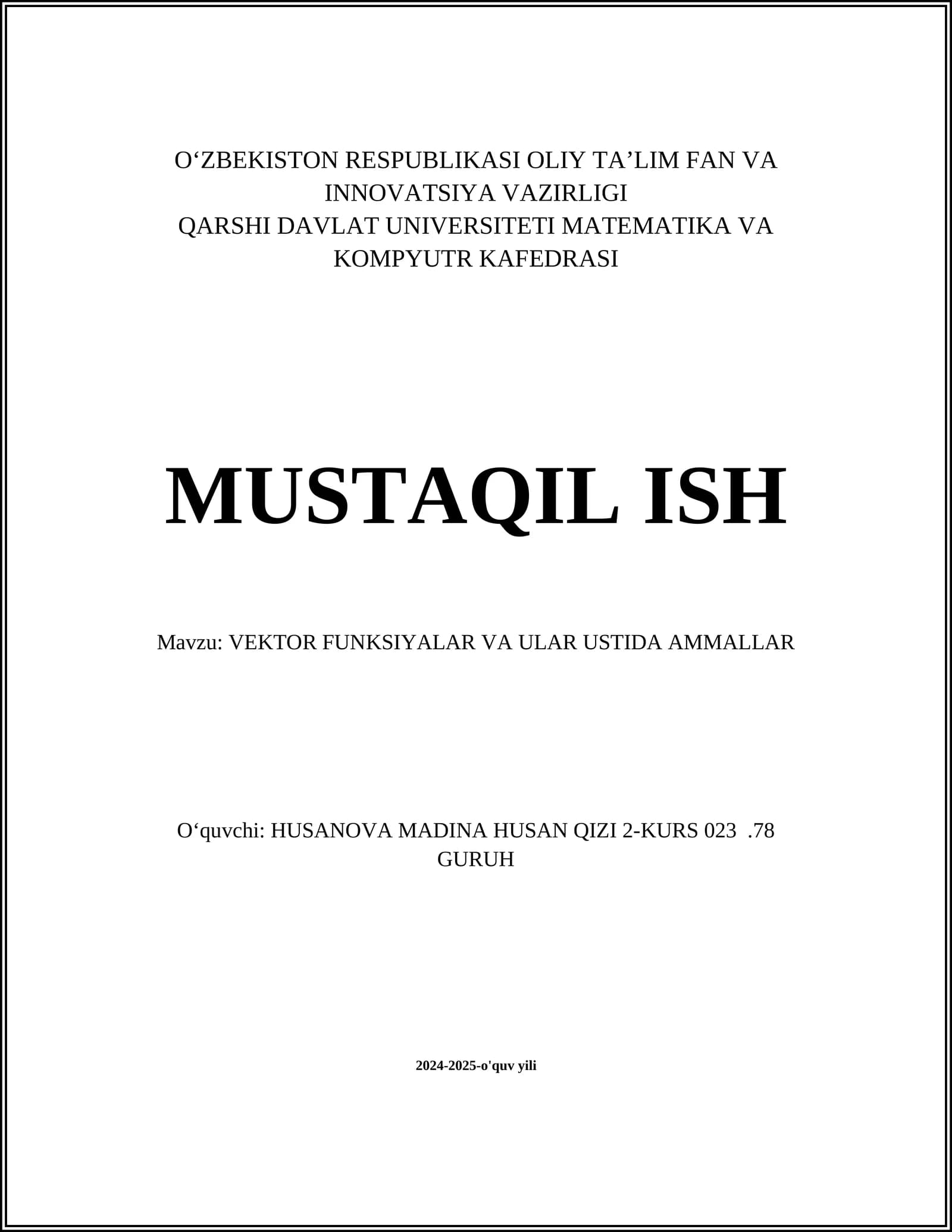 VEKTOR FUNKSIYALAR VA ULAR USTIDA AMMALLAR
