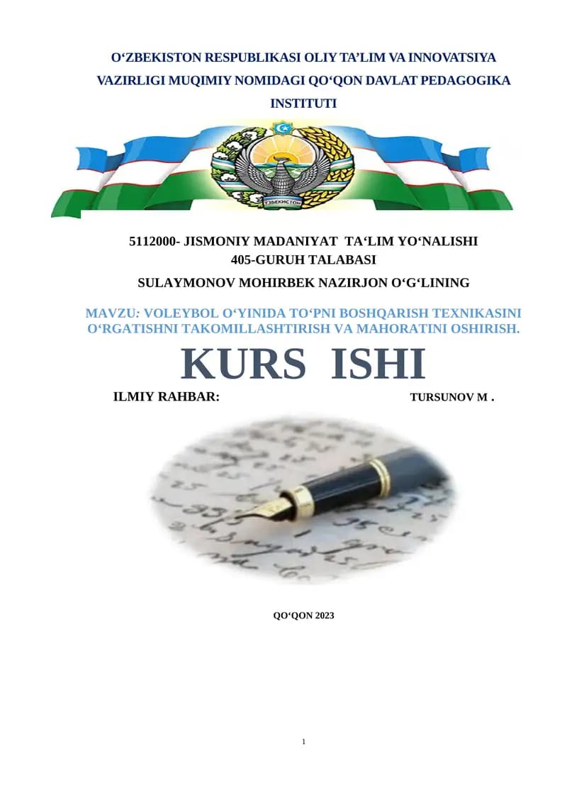 VOLEYBOL O‘YINIDA TO‘PNI BOSHQARISH TEXNIKASINI O‘RGATISHNI TAKOMILLASHTIRISH VA MAHORATINI OSHIRISH