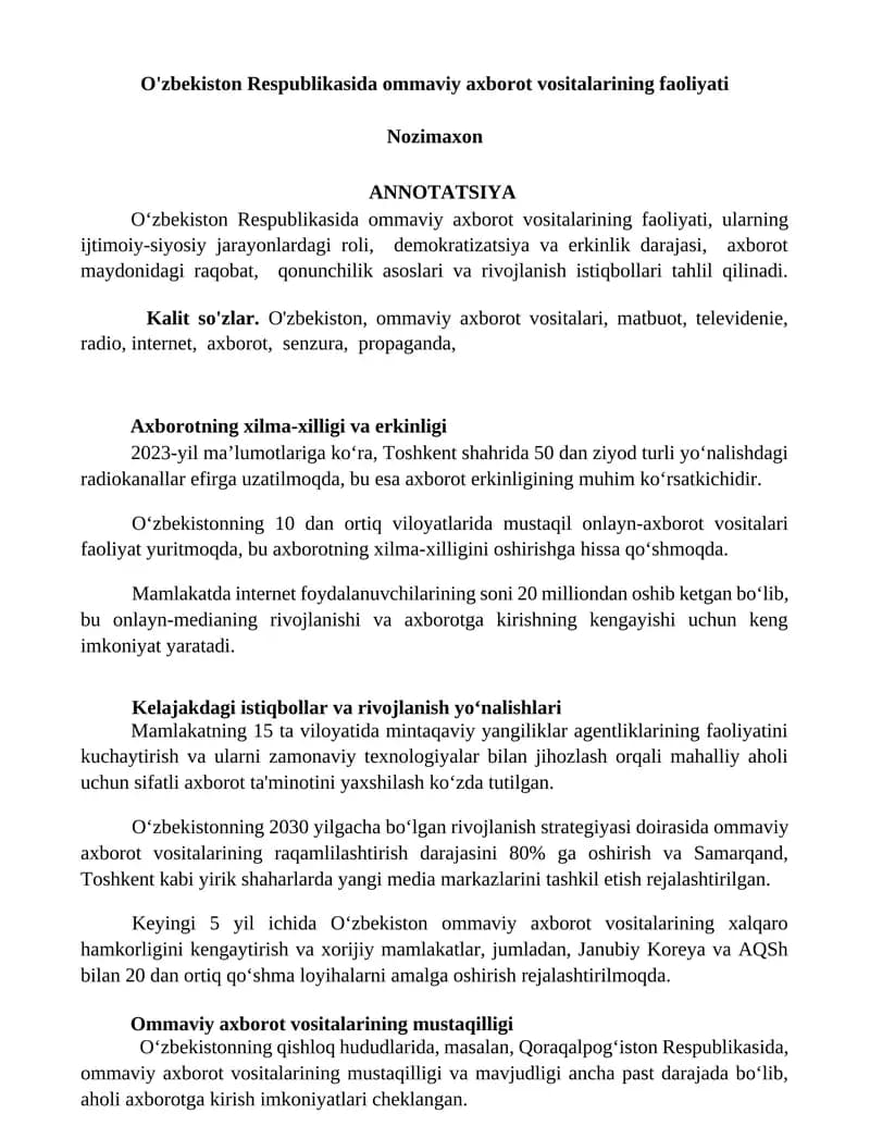 O'zbekiston Respublikasida ommaviy axborot vositalarining faoliyati