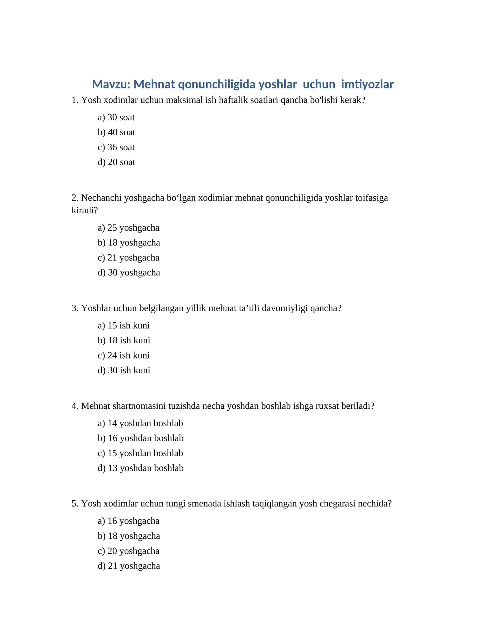 Mehnat qonunchiligida yoshlar uchun imtiyozlar