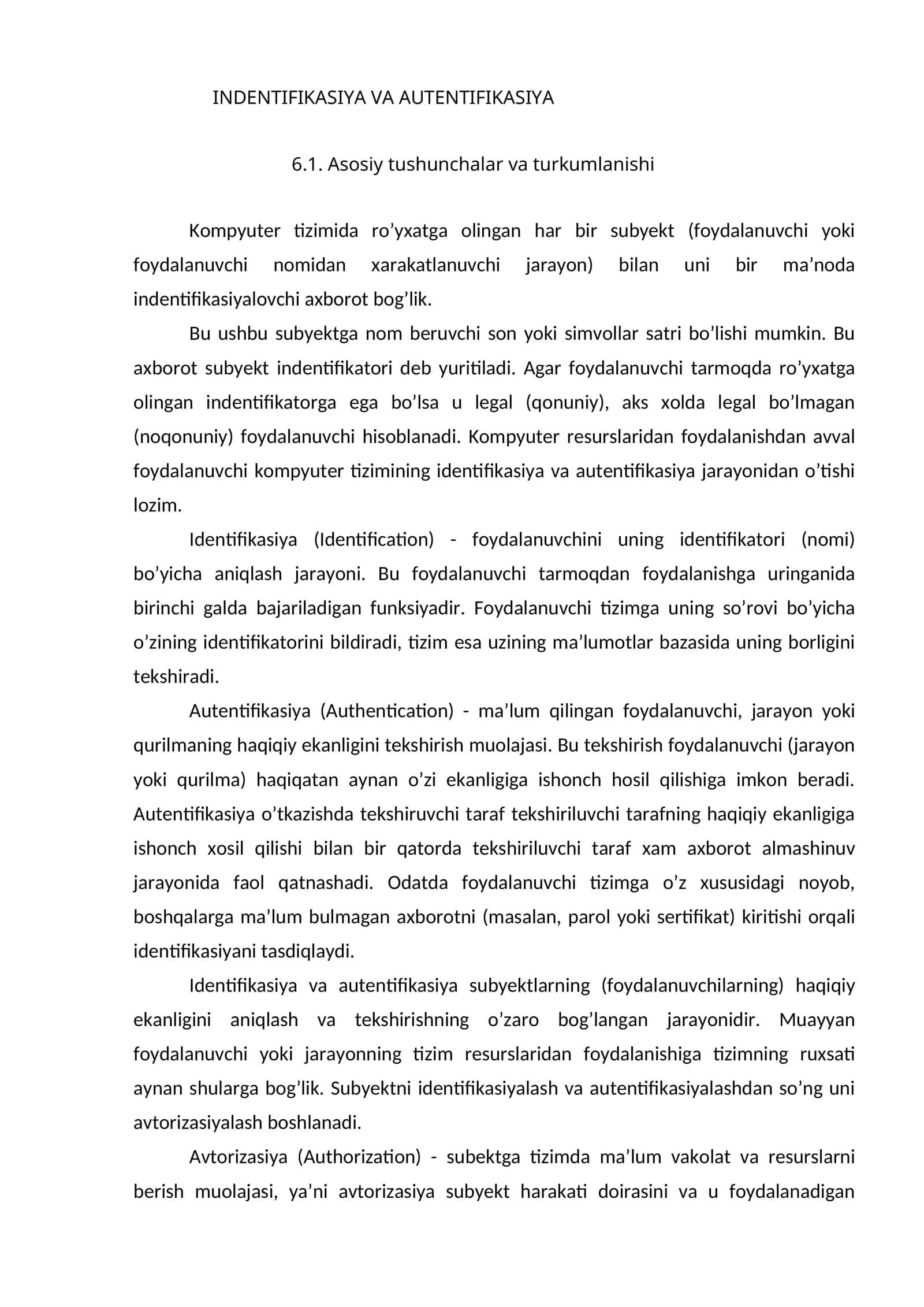 INDENTIFIKASIYA VA AUTENTIFIKASIYA