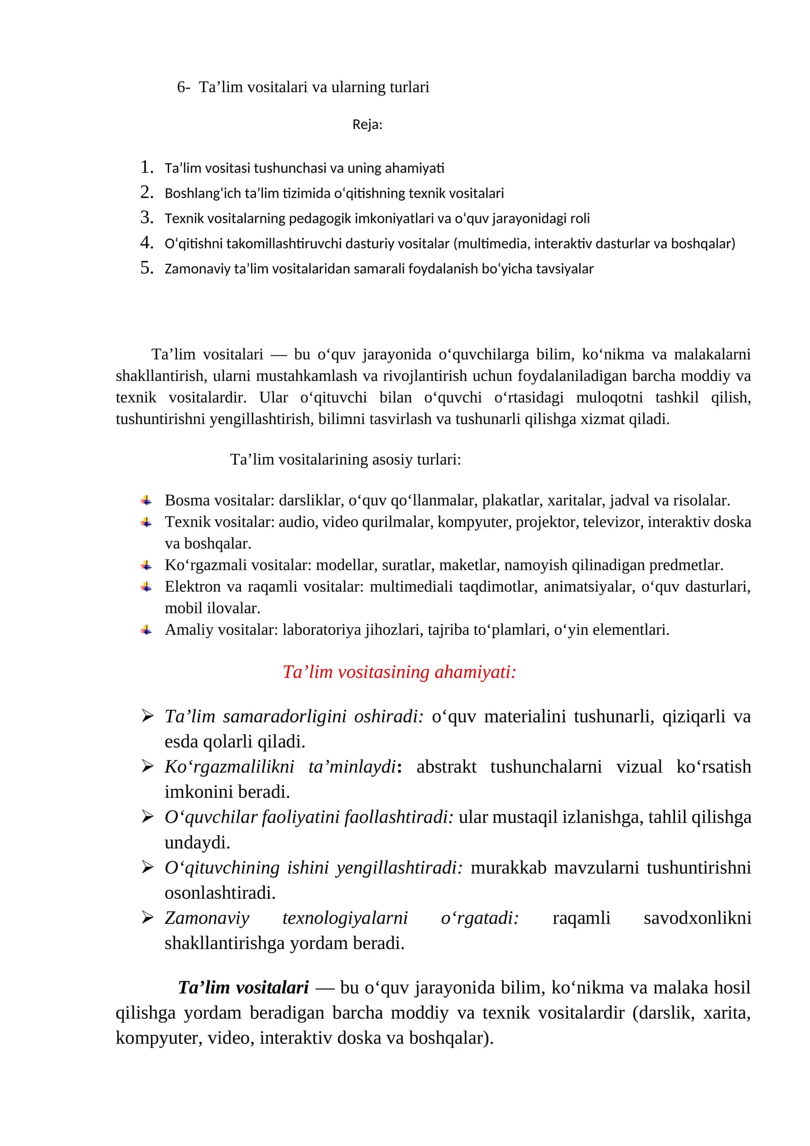 Ta’lim vositalari va ularning turlari