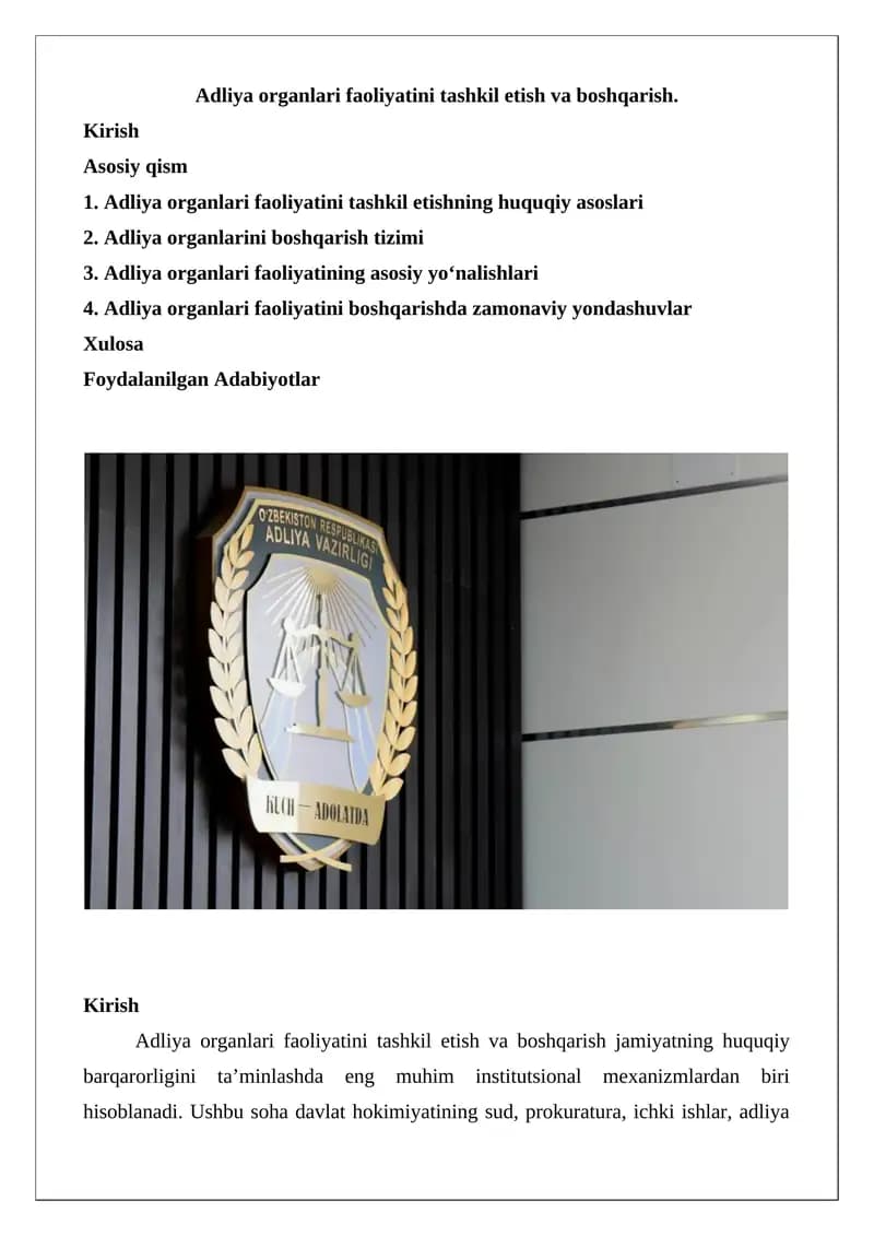Adliya organlari faoliyatini tashkil etish va boshqarish