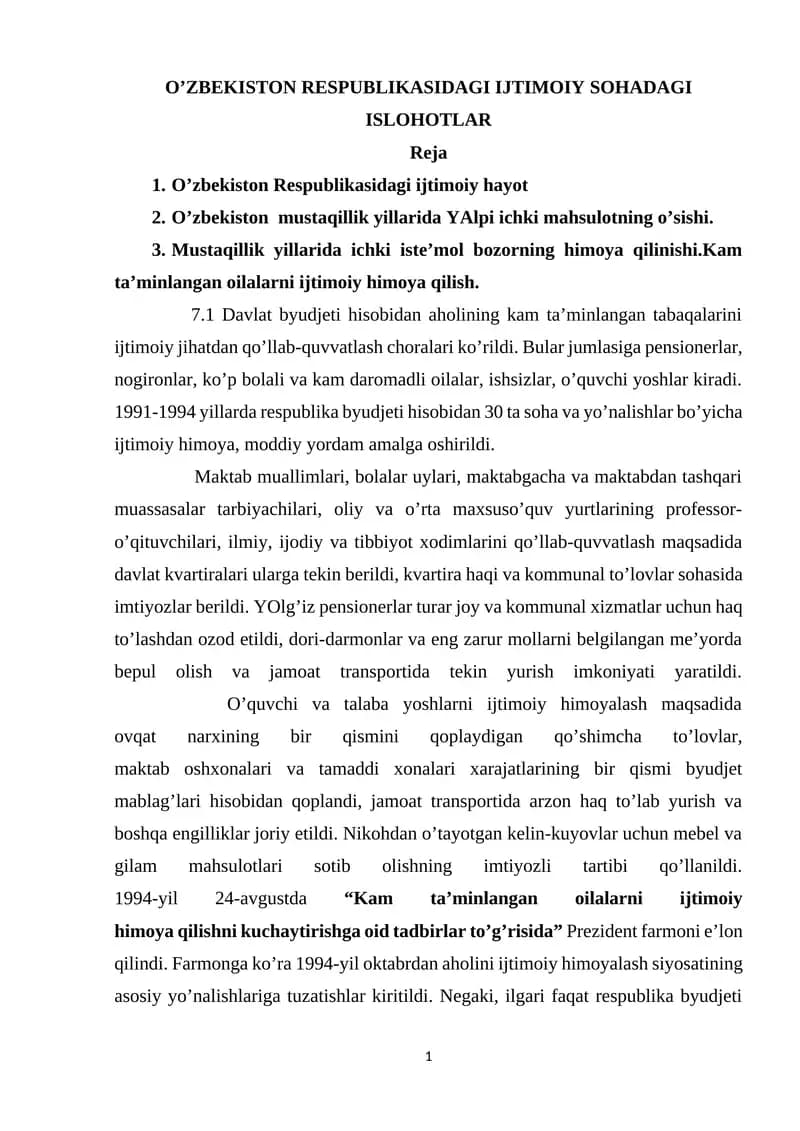 O’ZBEKISTON RESPUBLIKАSIDАGI IJTIMOIY SOHADAGI ISLOHOTLAR