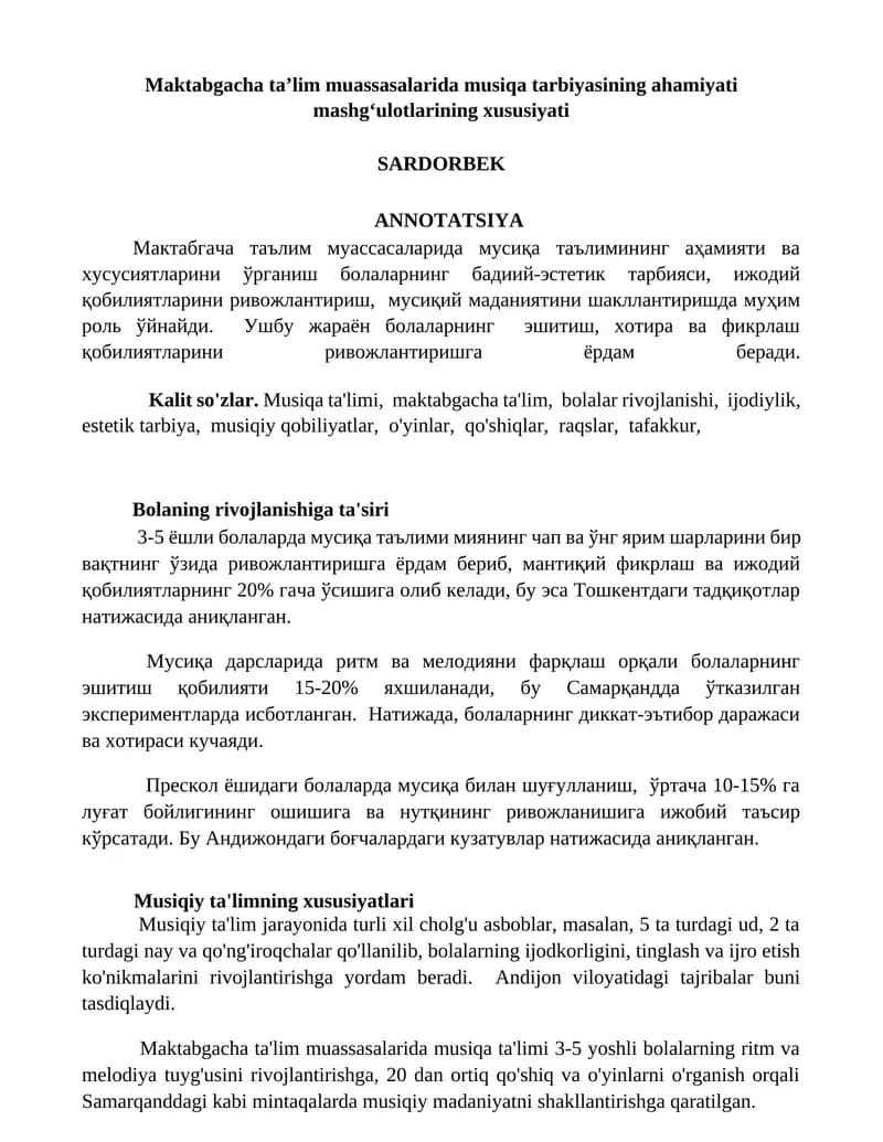 Maktabgacha taʼlim muassasalarida musiqa tarbiyasining ahamiyati