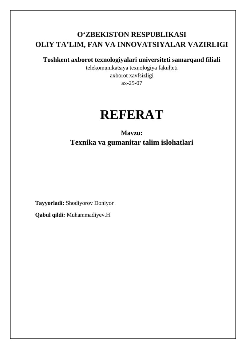 Texnika va gumanitar talim islohatlari