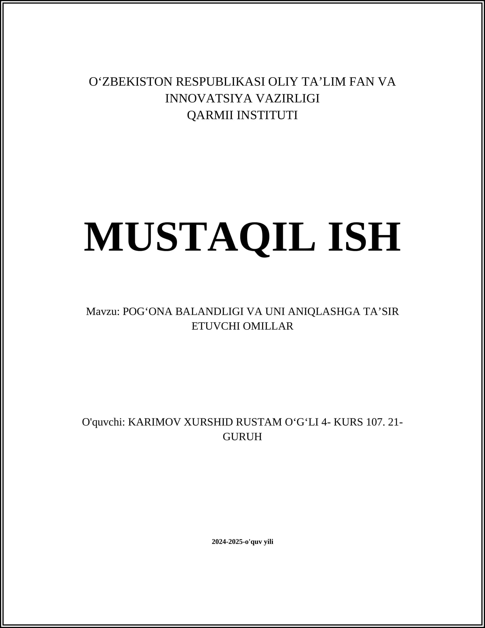 Pogʻona balandligi va uni aniqlashga ta'sir etuvchi omillar