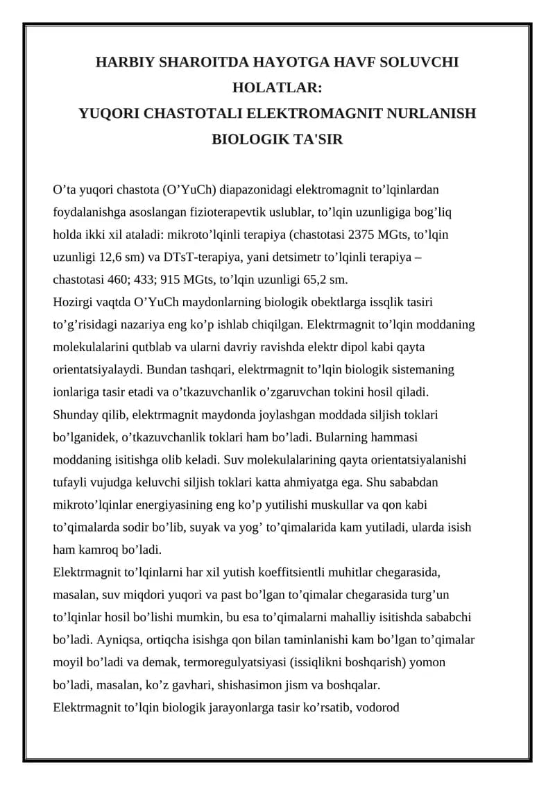 HARBIY SHAROITDA HAYOTGA HAVF SOLUVCHI HOLATLAR: YUQORI CHASTOTALI ELEKTROMAGNIT NURLANISH BIOLOGIK TA'SIR