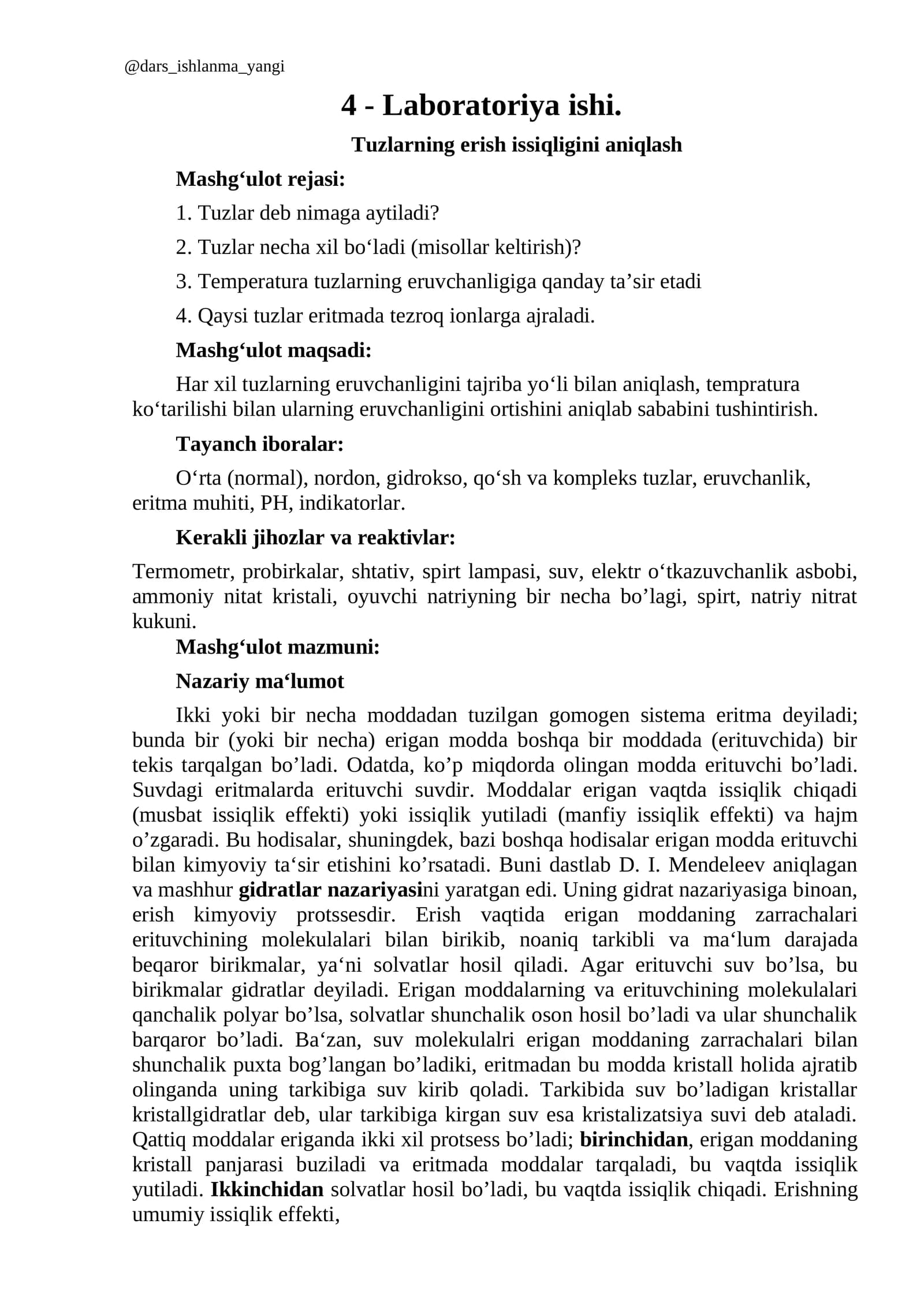 Laboratoriya Ishi - Tuzlarning erish issiqligini aniqlash