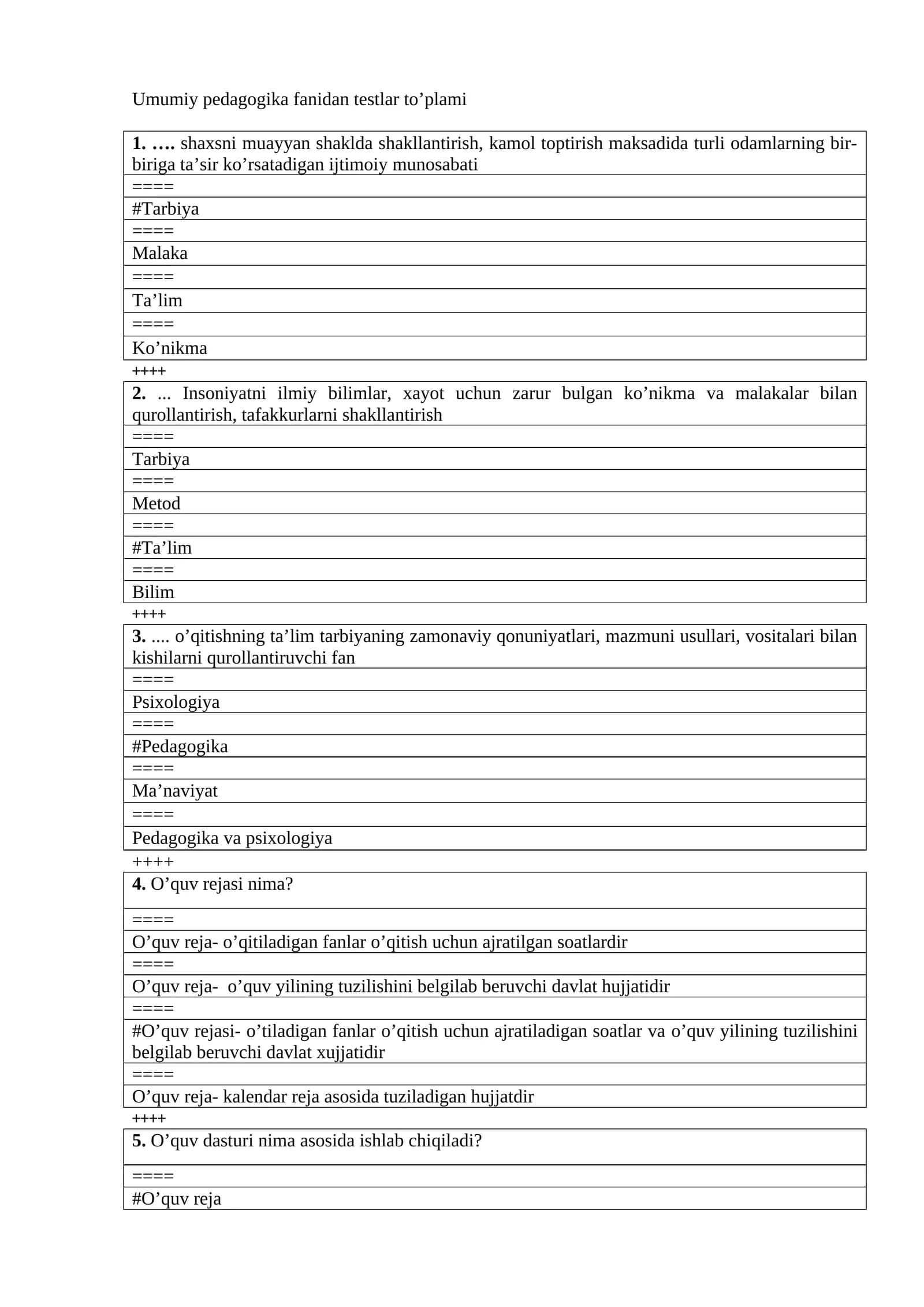 Umumiy pedagogika fanidan testlar to’plami