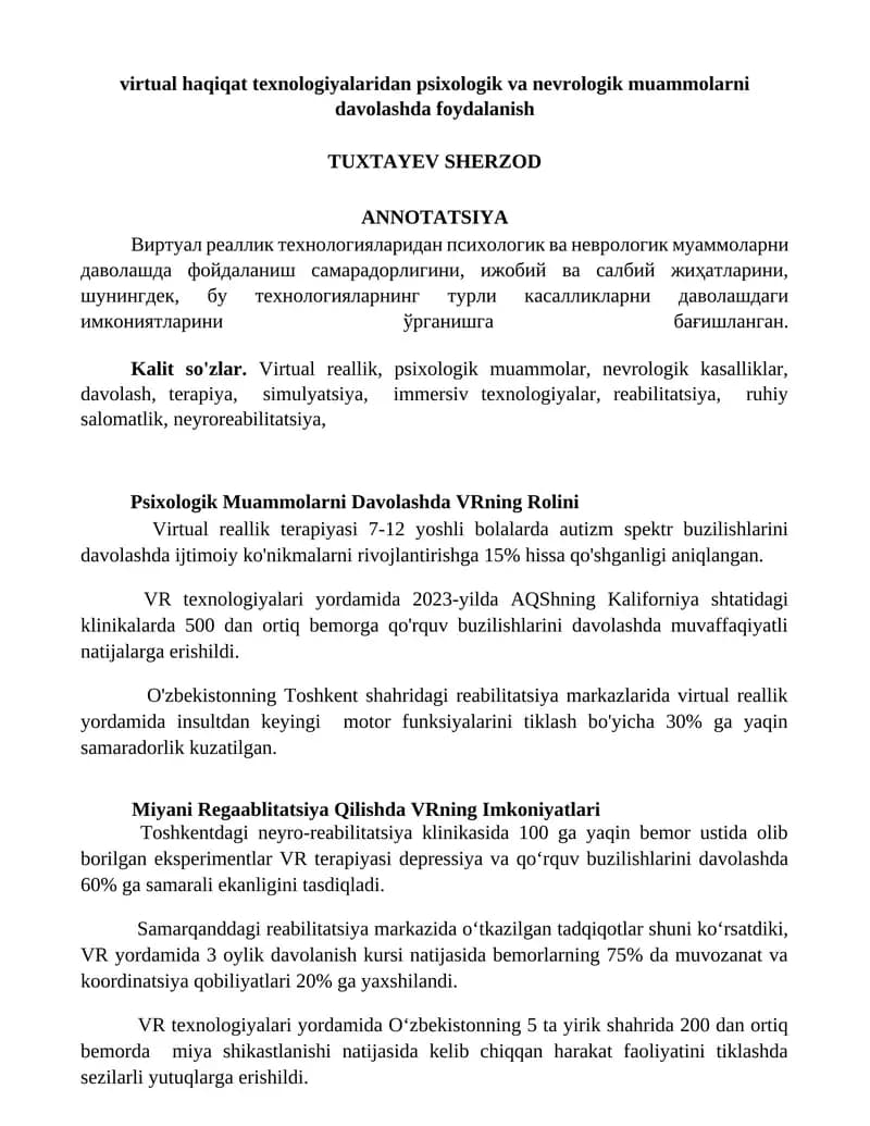 Virtual reallik texnologiyalari psixologik va nevrologik muammolarni davolashda