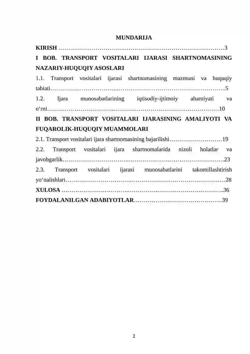 Transport Vositalari ijarasi shartnomasining fuqarolik huquqiy hususiyatlari