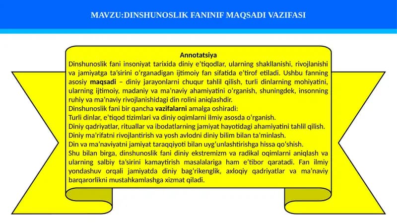 DINSHUNOSLIK FANINIF MAQSADI VAZIFASI