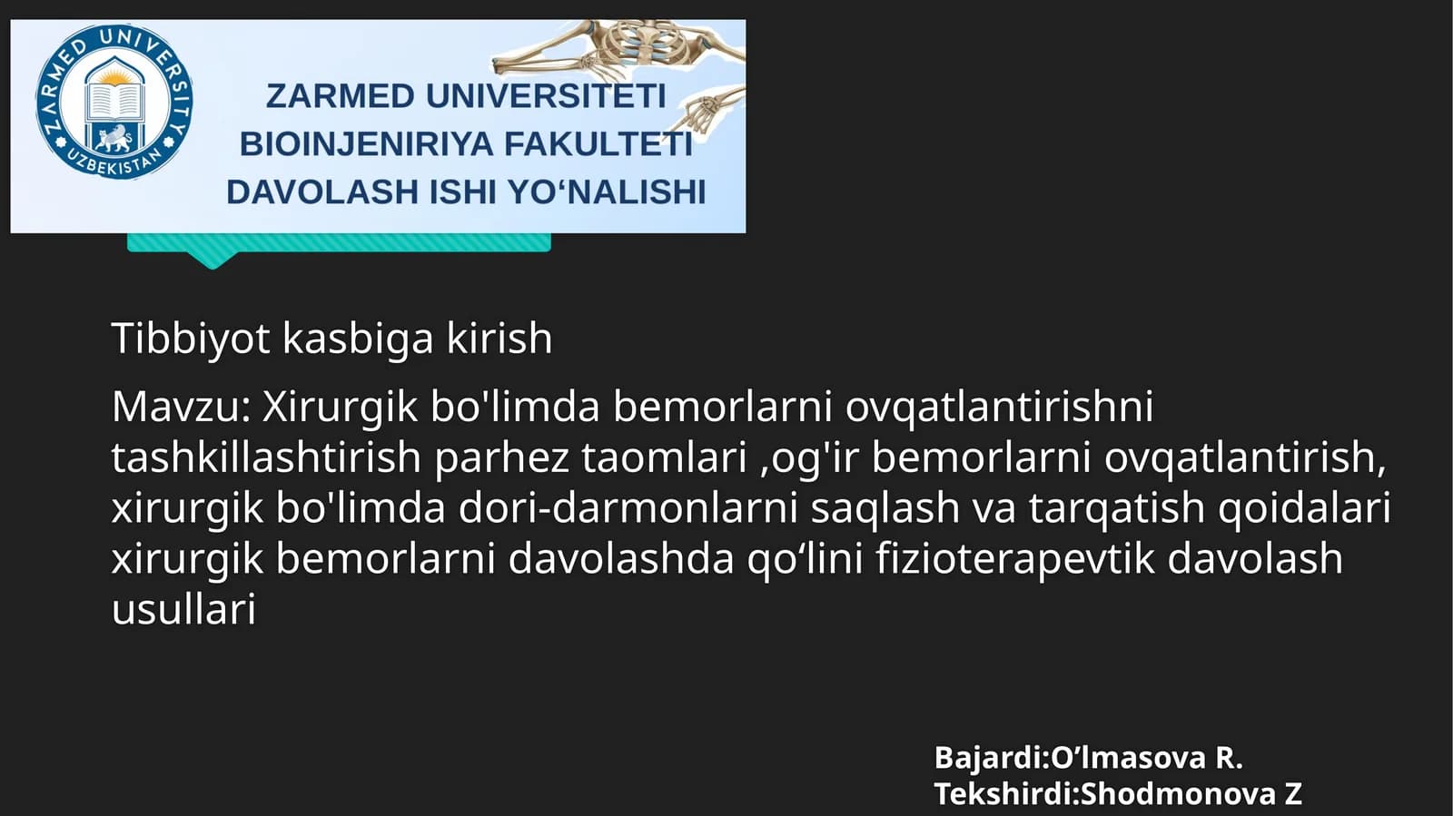 Xirurgik bo'limda bemorlarni oziqlantirish tizimi