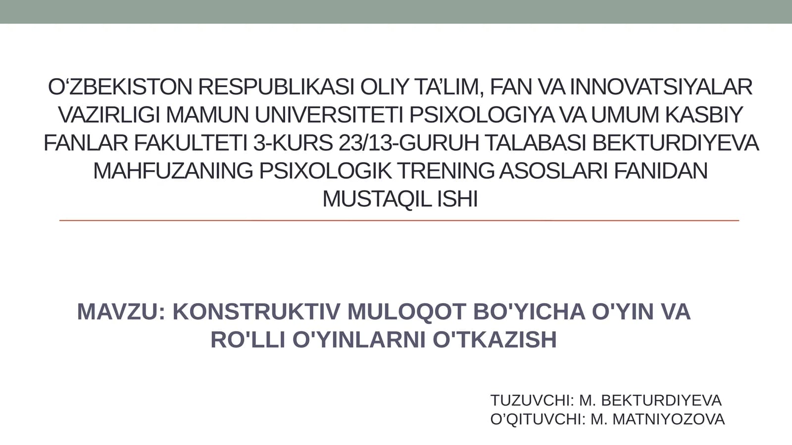 KONSTRUKTIV MULOQOT BO'YICHA O'YIN VA RO'LLI O'YINLARNI O'TKAZISH
