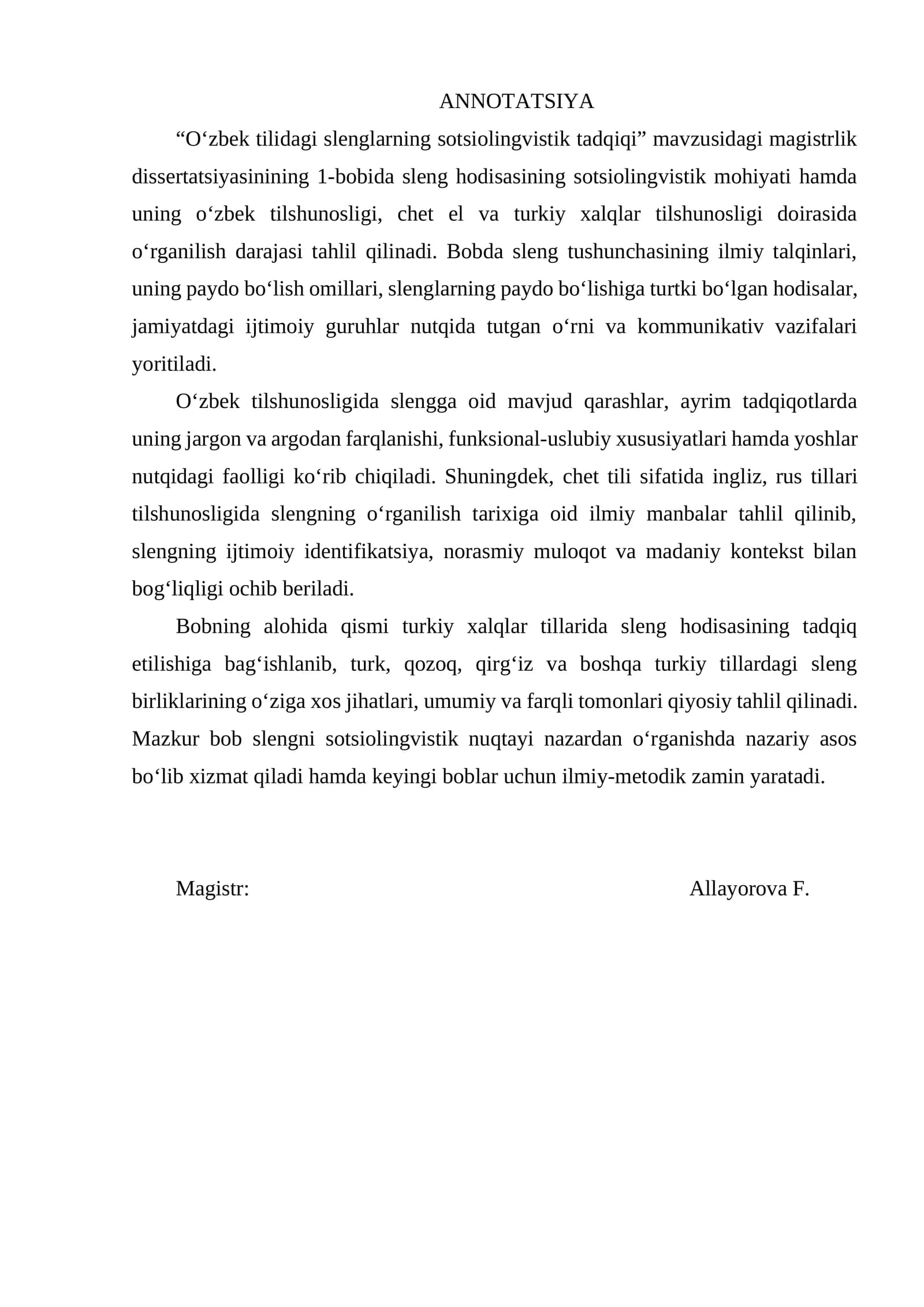 “O‘zbek tilidagi slenglarning sotsiolingvistik tadqiqi” magistrlik dissertatsiyasi