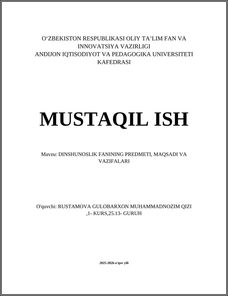 DINSHUNOSLIK FANINING PREDMETI, MAQSADI VA VAZIFALARI
